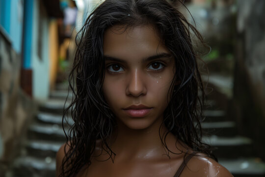 Tanned young feminine Brazilian lady wet-haired girl with intense and expressive gaze in a favela stairway.