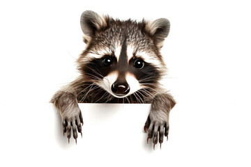 Funny baby Raccoon holding a blank white poster. Place for text
