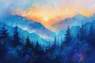 Modern abstract art acrylic oil painting of mountains landscape, forest with fir trees deer and sunrise in the morning - 788435916
