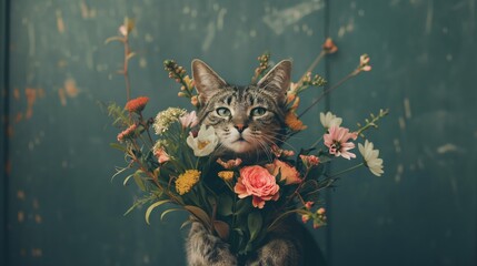Charming cat holding a colorful bouquet against a textured background