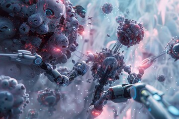 A concept art illustration of a swarm of microscopic AI robots working together to repair a damaged human cell. The robots are shown in incredible detail