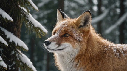 Close-up Red fox face with intricate details and snow flakes on its fur, showcasing its winter adaptability