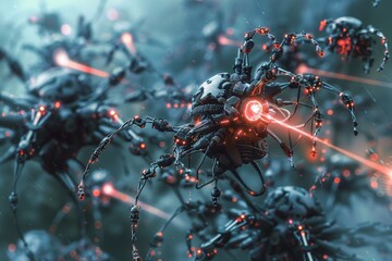 A concept art illustration of a swarm of microscopic AI robots working together to repair a damaged human cell. The robots are shown in incredible detail - obrazy, fototapety, plakaty