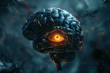 A dark and abstract illustration of a brain with a single glowing eye in the center, symbolizing the mystery of consciousness.