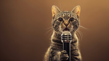 Digitally edited image featuring a cat with human-like traits, holding a microphone as if ready to perform - Powered by Adobe