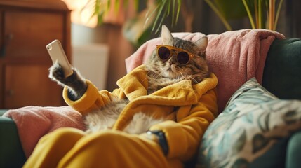 Cute anthropomorphic cat lounging on a sofa in casual wear and sunglasses, scrolling through a smartphone - obrazy, fototapety, plakaty