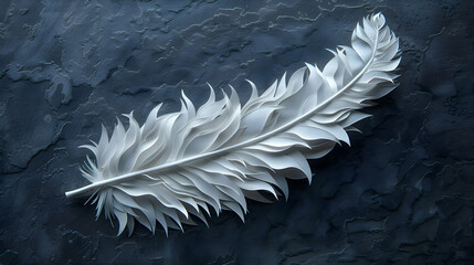 Paper art of a single feather, with intricate details made from white paper on a dark gray background