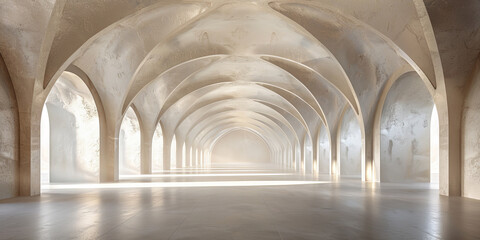 empty white room with tall arched ceilings and concrete walls. empty coridor room building