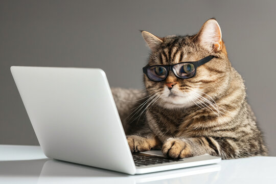 Cute tabby cat with spectacles appears to use a laptop, representing humorous anthropomorphism