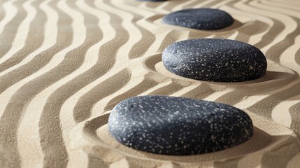 A Zen garden with neatly raked sand and a few strategically placed rocks, the careful composition serving as a metaphor for mindfulness and simplicity.