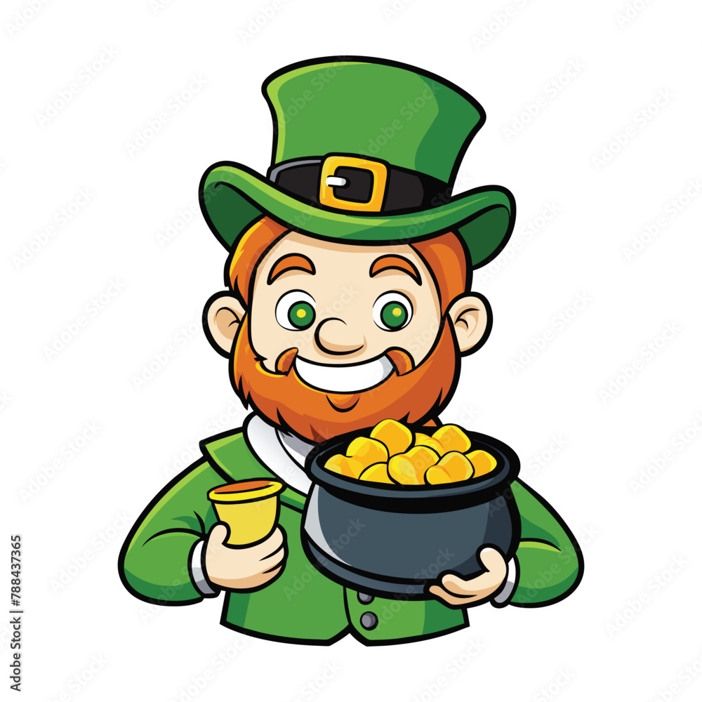 Wall mural whimsical leprechaun vector illustration with pot of gold. playful cartoon leprechaun character hold