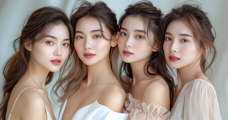 Fototapeta premium Four young Asian women posing together, each with a unique hairstyle and delicate makeup, wearing elegant dresses.