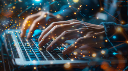 A man is typing on a laptop computer. The screen is filled with code and the man's fingers are moving across the keyboard. Concept of focus and concentration as the man works on his computer