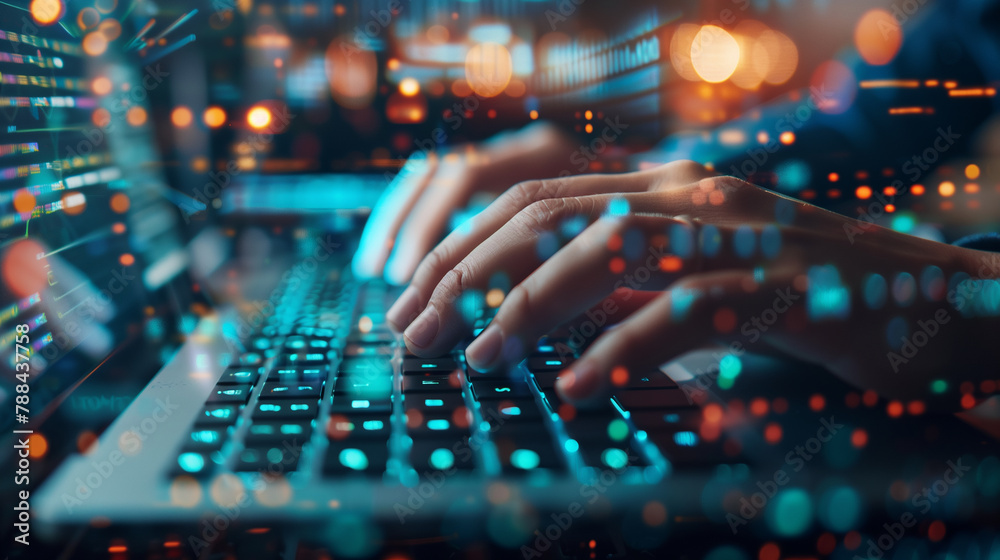 Poster a man is typing on a laptop computer. the screen is filled with code and the man's fingers are movin