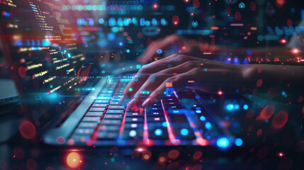Obraz premium A man is typing on a laptop computer. The screen is filled with code and the man's fingers are moving across the keyboard. Concept of focus and concentration as the man works on his computer