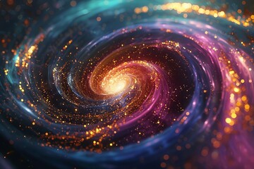 A digital illustration of a swirling vortex of vibrant colors accented with scattered gold leaf flakes, suggesting a luxurious galaxy. 