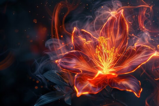 A digital painting of a flower made of fire, its petals glowing embers and its stamen flickering flames, symbolizing passion and transformation. 