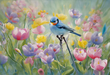 Spring flowers and bird 