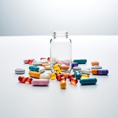 Glass bottle and different pills on a white table. Generative AI