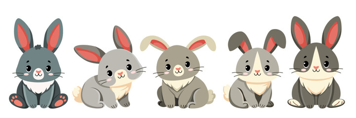 Collection of cute little rabbits. Set of animals for wallpaper, childrens clothes and toys. Flat vector illustration isolated on white background. Happy Easter Celebration.