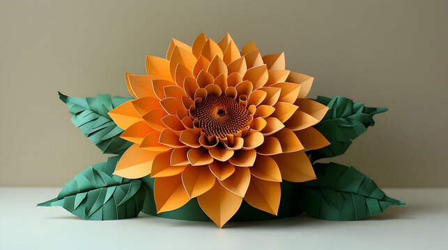 Paper art representation of a sunflower, with petals meticulously cut from yellow paper on a light brown background
