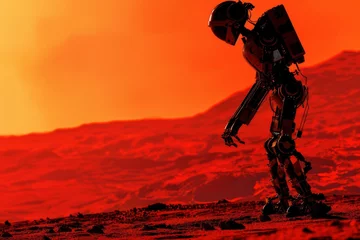 Poster A lone AI robot explorer on Mars, its metallic body silhouetted against the red landscape. The robot holds a device that scans the ground for signs of life.  © Eve Creative
