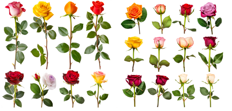 Collection of colorful roses isolated on transparent or white background