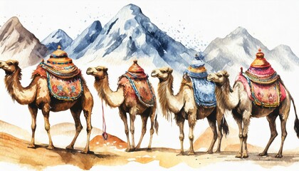 Camels with Bedouin set. Hand drawn watercolor illustration isolated on white background