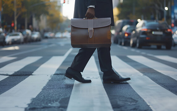 Close up of legs Businessman crossing the street on crosswalk and holding a laptop bag in the city.