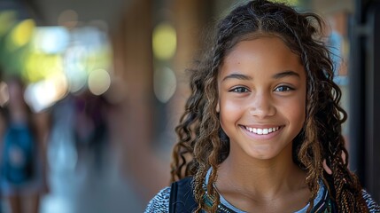 Obraz premium A young girl with long hair is smiling and looking at the camera