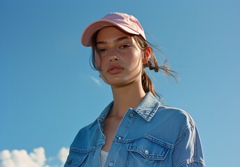A model in a denim shirt and pink baseball cap posing against blue sky
