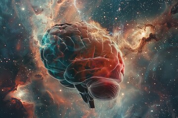 A hyper-detailed anatomical brain illustration with a swirling nebula pattern as its background, symbolizing the vastness of human thought. - obrazy, fototapety, plakaty