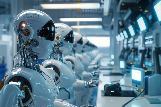 A group of diverse AI robots working in a hi-tech laboratory.