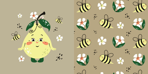 Children's seamless pattern featuring a funny character. Pear. Vector design for baby bedding, fabric, wallpaper, wrapping paper and more. - obrazy, fototapety, plakaty