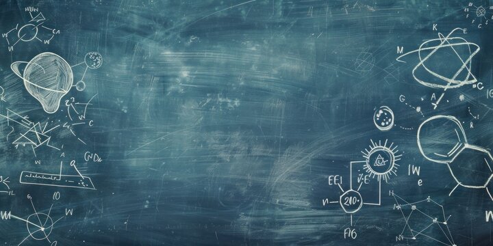A chalkboard background with math equations and science symbols, providing space for custom messages. 