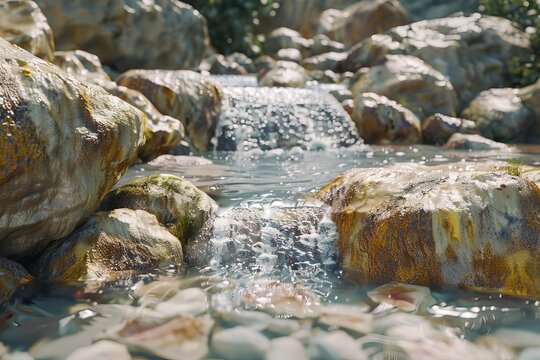 A photo of a babbling brook cascading over smooth, rounded rocks, creating a peaceful and natural soundscape.