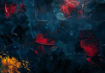 Abstract Blue, Black and Red Painting Texture Background, dark blue backgrounds with red and yellow paint splashes, textured canvas surface, chaotic brush strokes.