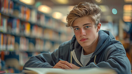 A young guy student sits in the library near a book and studies, a man tries to learn the material for classes and prepares an essay - obrazy, fototapety, plakaty