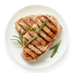 Top view for grilled chicken steak with rosemary on a white ceramic plate isolated on white background.