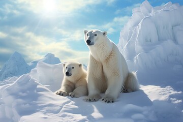Enormous Polar bears snow arctic cold. Park animal mother carnivore water fur. Generate Ai - obrazy, fototapety, plakaty
