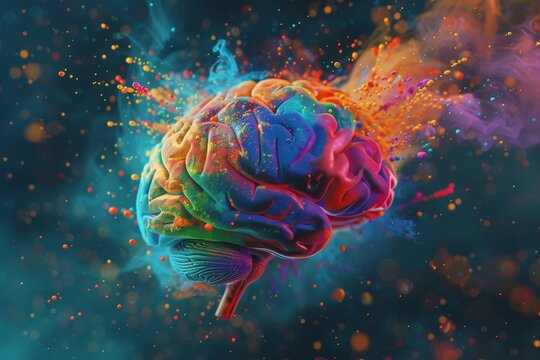 A photo of a brain with colorful paint splatters exploding outwards, symbolizing creativity and the limitless potential of the human mind.