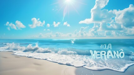 HOLA VERANO text on ocean view in sunny day - obrazy, fototapety, plakaty