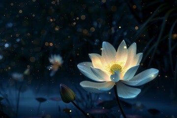 A photo of a flower blooming at night, its petals illuminated by the soft glow of the moon and stars.