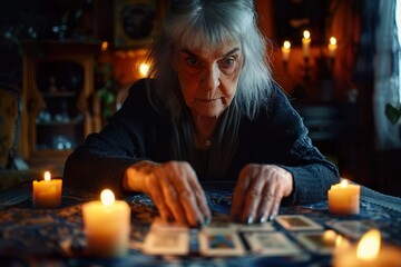 A mystical elderly woman with a profound gaze reads tarot cards surrounded by the soft glow of candlelight, hinting at secrets untold. - obrazy, fototapety, plakaty