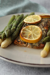 Succulent Herb-Crusted Salmon Fillet: Air-Fried to Perfection with Steamed White and Green Asparagus