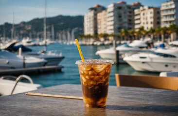 Iced coffee with marina in the background