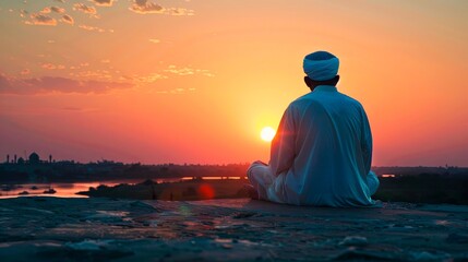 A tranquil early morning scene as an individual performs Fajr, the pre-dawn prayer, in the serene glow of the rising sun.