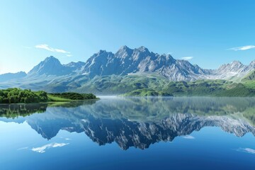 A photo of a tranquil lake reflecting a majestic mountain range under a clear blue sky.