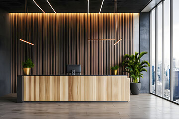 Modern wooden and dark concrete office with panoramic window and city view, reception desk and decorative plant. Lobby concept. 3D Rendering.
