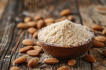 Almond flour in a wooden bowl and fresh almonds on a wooden table